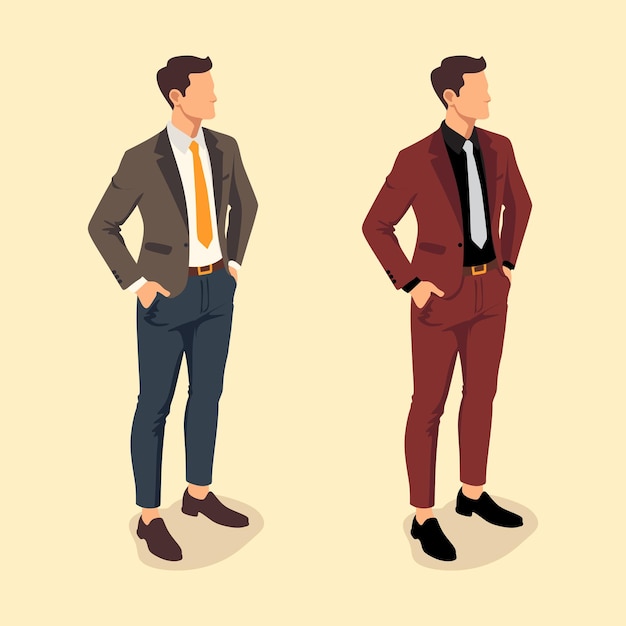 2色のコートパンツのベクトルで立っているイソメトリックのビジネスマンイラストと男のコートパンツ