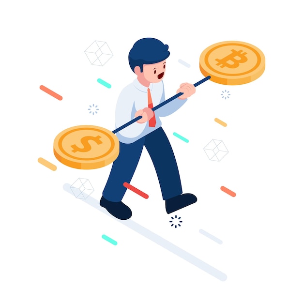 Isometric businessman trying to balance dollar and bitcoin