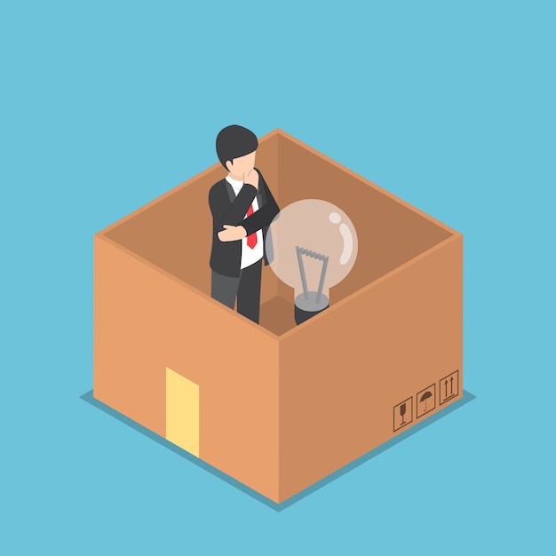 Isometric businessman with light bulb of idea inside the paper box