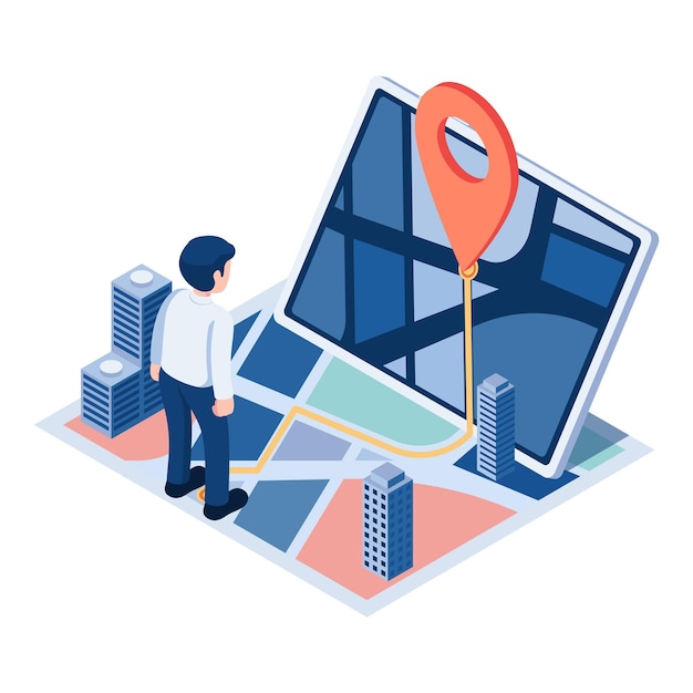 Vector isometric businessman with map and gps navigation