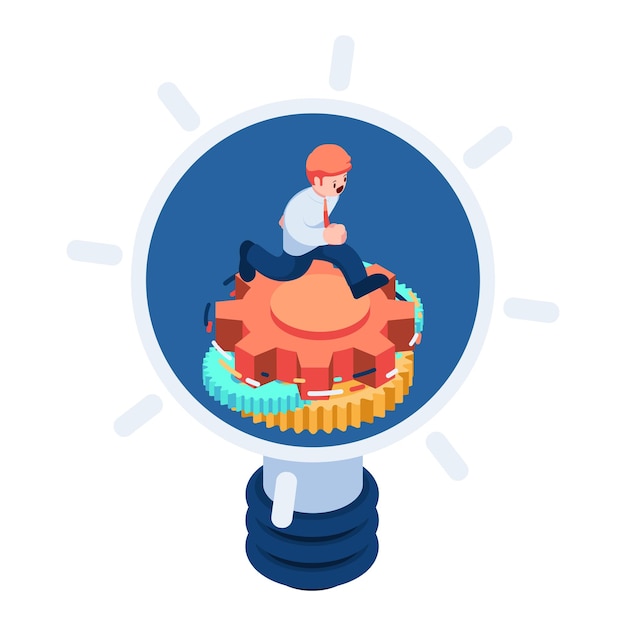 Isometric businessman working hard inside light bulb