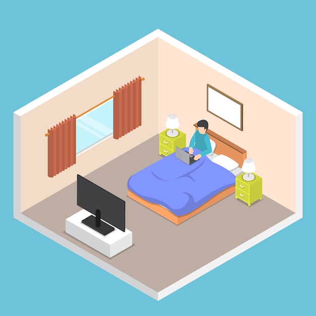 Isometric businessman working on his laptop on the bed