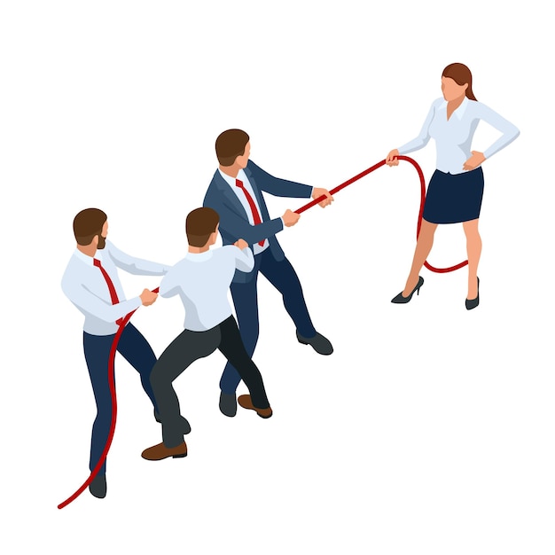 Vector isometric businessmen and businesswomen in suit pull the rope competition conflict tug of war and symbol of rivalry