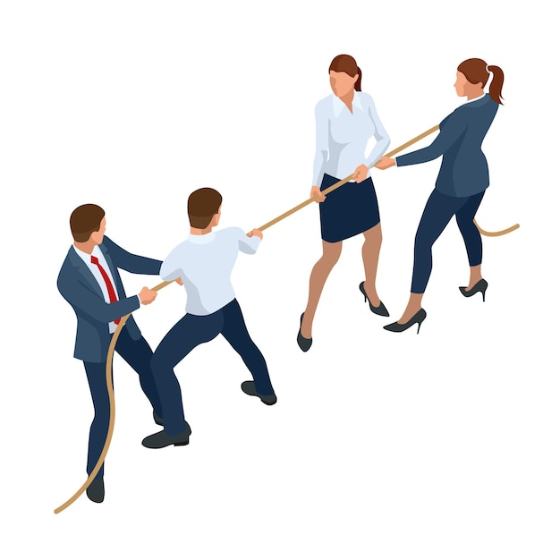 Vector isometric businessmen and businesswomen in suit pull the rope competition conflict tug of war and symbol of rivalry