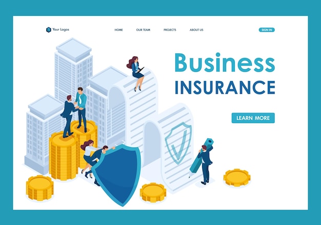 Isometric businessmen insure their assets investments and shares shield template landing page