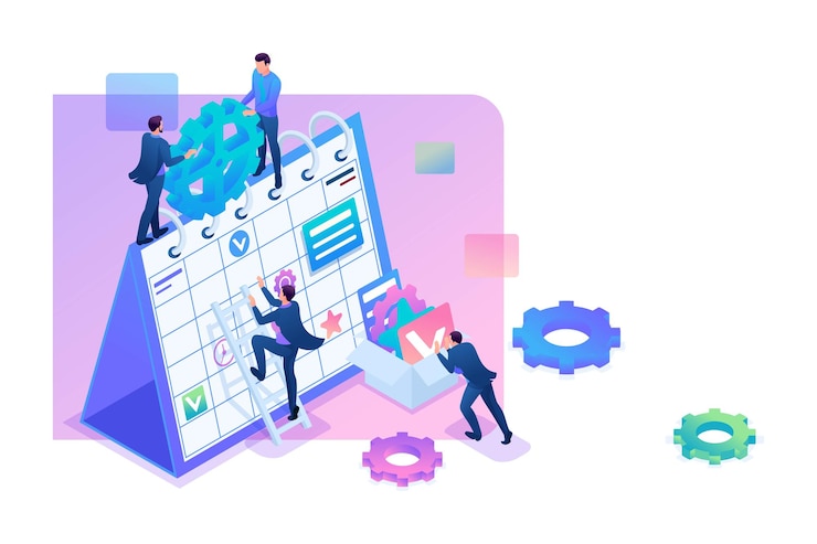 Vector isometric businessmen make a business plan for the next month. concept for web design.
