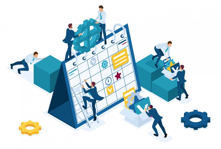 Vector isometric businessmen make a business plan for the next month. 