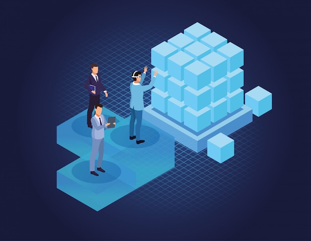 Isometric businessmen and technology