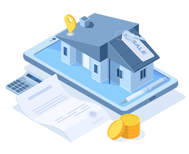 Isometric buying dream house concept, real estate agency service. real estate property purchase, sweet home buying vector illustration. smartphone app for real estate buying. rent house building