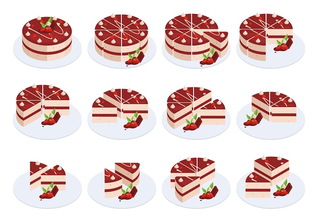 Isometric cake slices Festive cake cut into pieces pastry pie various parts birthday cake constructor 3d vector illustration set Birthday cake cut into parts