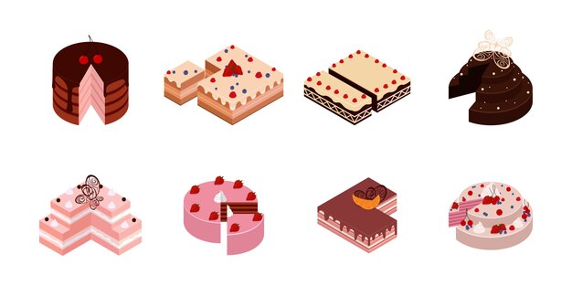 Isometric cakes. Chocolate cake slice, delicious sliced birthday pie and tasty pink glaze cake. Cakes with a cut piece.