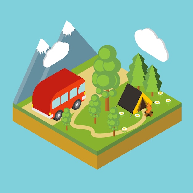 isometric camp, flat 3d isometric pixel art. illustration. 