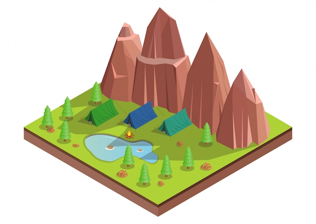  isometric of camp in the forest.