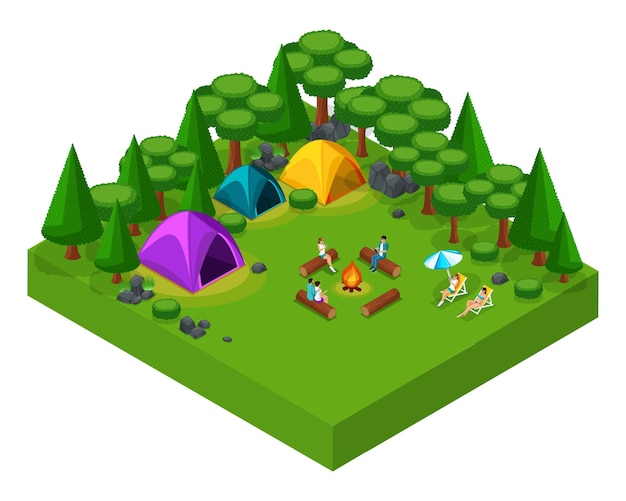Isometric of camping fresh air picnic nature forest sea beach weekend with friends