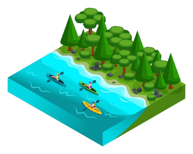 Vector isometric of camping fresh air picnic nature forest sea beach weekend with friends