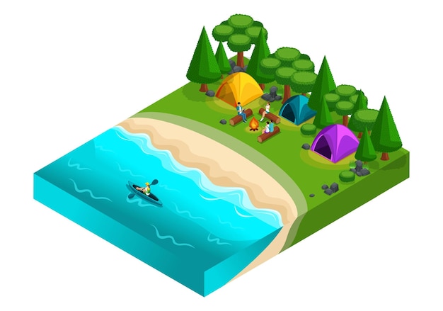 Isometric of camping fresh air picnic nature forest sea beach weekend with friends