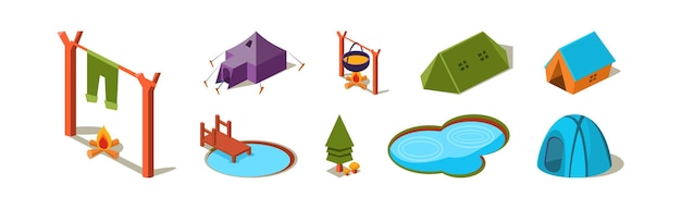 Isometric Camping Object and Adventure Elements Vector Set Summer Outdoor Tourist Recreation