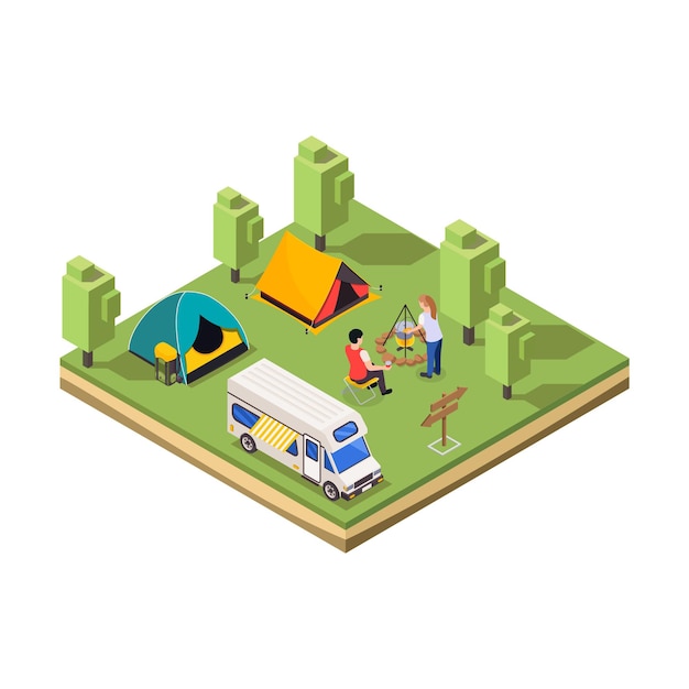 Vector isometric camping territory composition