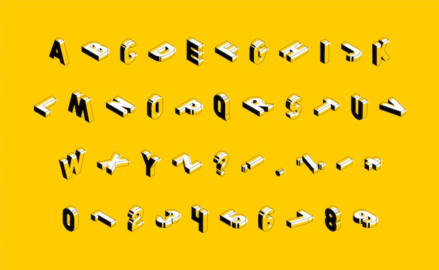 Isometric capital letters, numbers and signs on yellow background. trendy vintage alphabet