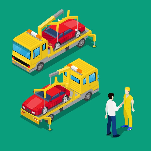 Vector isometric car assistance roadside assistance car