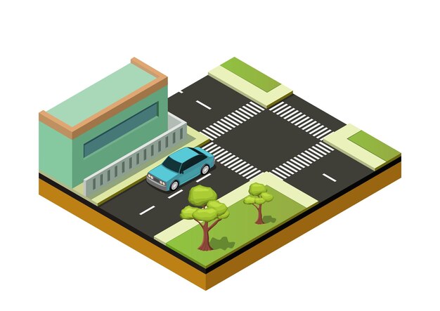 Isometric of a car driving on the highway