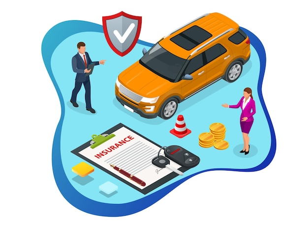 Isometric Car Insurance services Auto insurance policy with cash and key fob Protection from danger providing security