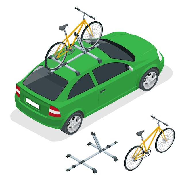 Isometric car is transporting bicycles on the roof. Bike transportation. Flat style vector illustration isolated on white background.