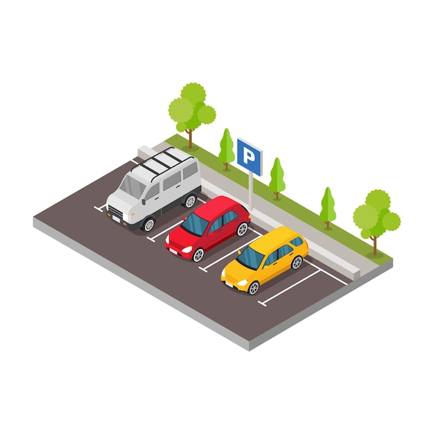 Isometric car in the parking area with trees illustration