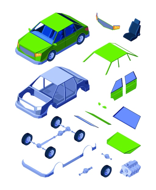 Isometric car parts Auto service detailed tools mechanical parts collection for repair vehicles wheels gear engine tears doors garish vector 3d creation kit