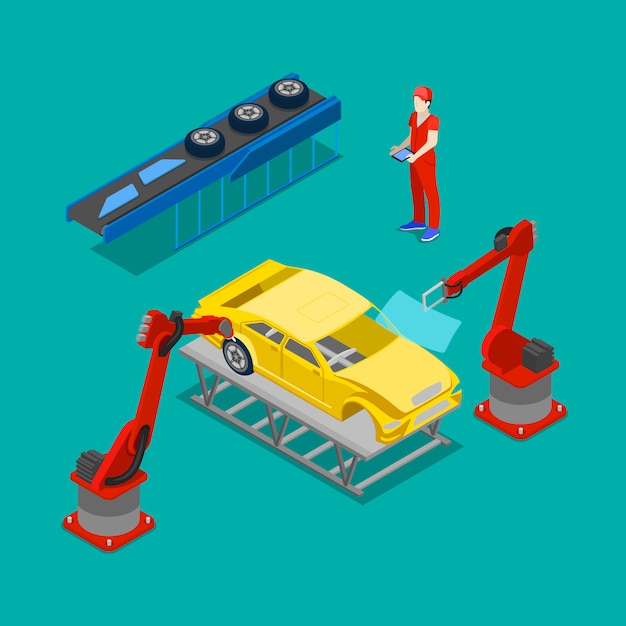 Vector isometric car production. assembly line of car in automobile factory.