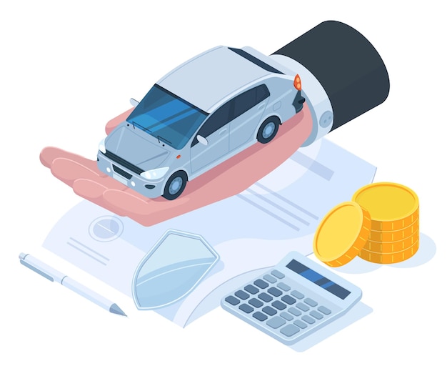 Isometric car protection insurance, money guarantee concept. Car insurance risk protection, auto insurance service vector illustration. Property insurance policy