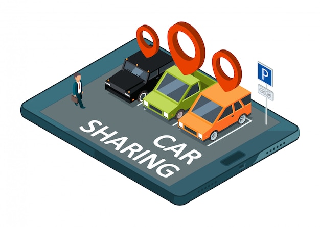 Isometric car sharing  concept. mobile app parking with cars and businessman illustration