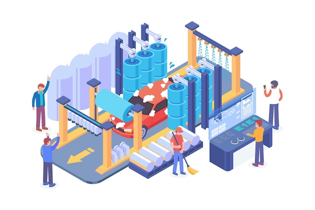 Isometric car wash technology vector concept