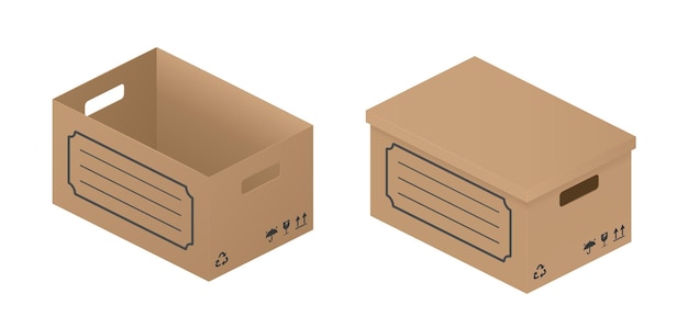 아이소메트릭 골판지 상자 격리된 현실적인 열기 및 뚜껑 구멍이 있는 닫힌 판지 상자