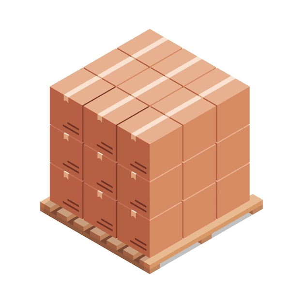 Isometric cardboard boxes on wooden pallet. Vector illustration.