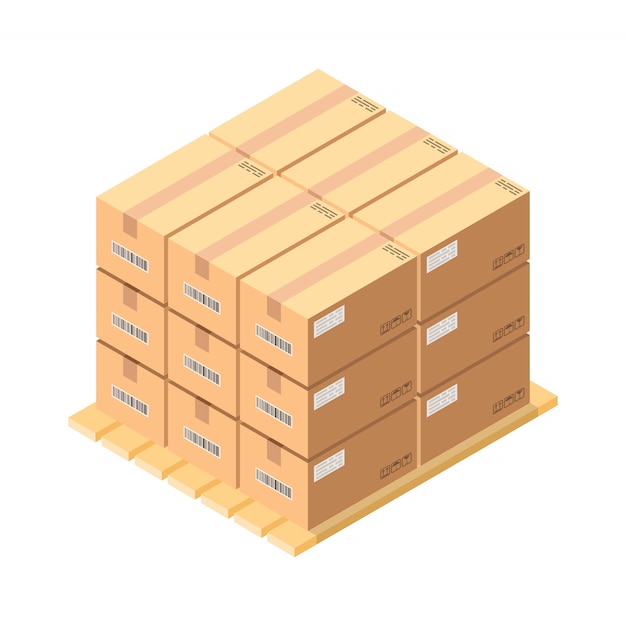 Vettore scatole di cartone isometriche su pallet di legno