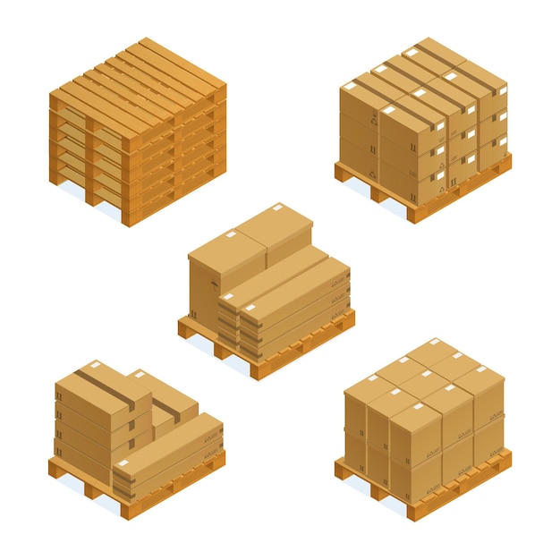 Vector isometric cargo containers set of wooden pallets and cardboard boxes isolated vector illustration