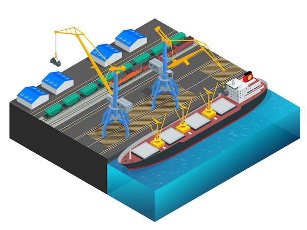 isometric cargo containers transshipped between transport vehicles for onward transportation port warehouse and shipment for infographic platform supply vessel logistic support goods tools equipment.