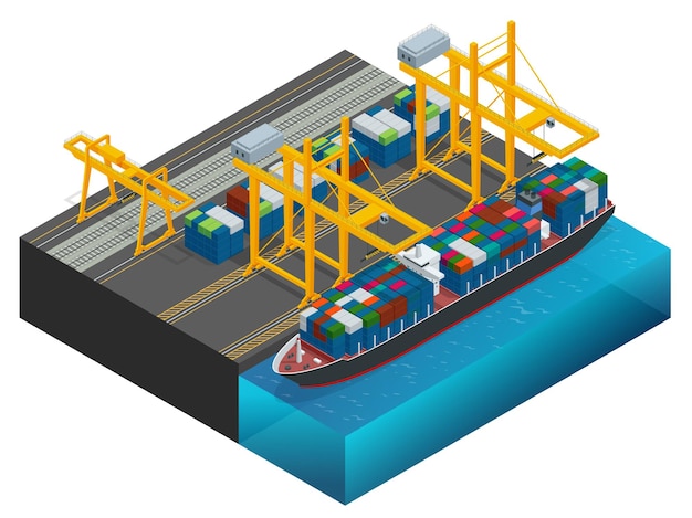 Vector isometric cargo containers transshipped between transport vehicles for onward transportation port warehouse and shipment for infographic platform supply vessel logistic support goods tools equipment.