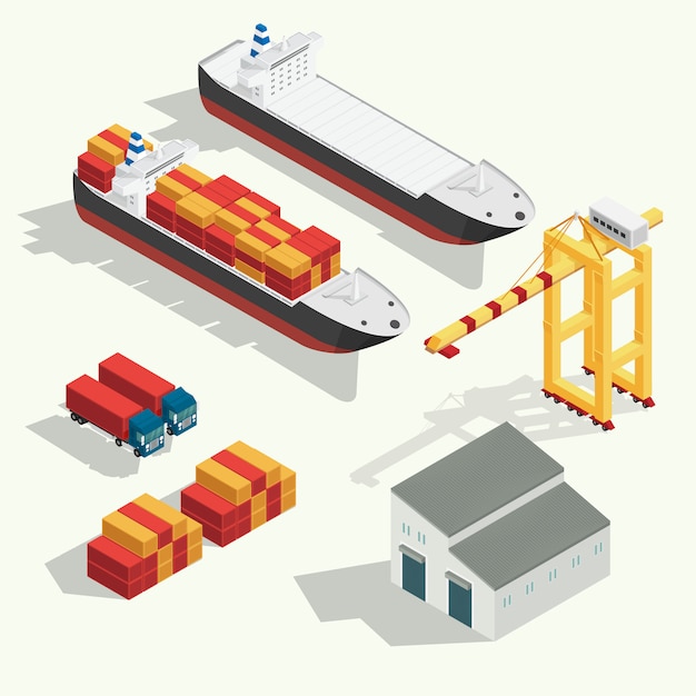 La logistica isometrica del carico e la nave porta-container del trasporto con l'industria di trasporto di esportazione delle importazioni della gru fissano l'icona. illustrazione vettoriale