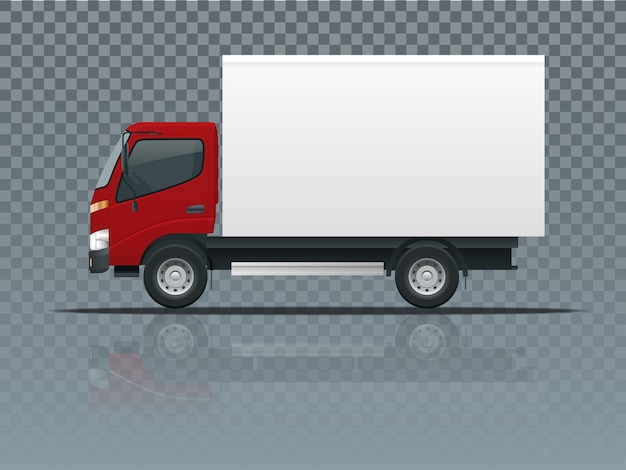 벡터 투명에 아이소메트릭 화물 트럭 운송입니다. 빠른 배송 또는 물류 운송. 쉬운 색상 변경. 흰색 보기 측면에 고립 된 템플릿 벡터입니다.