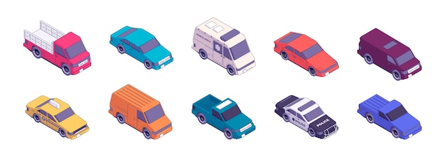 Auto isometriche icone dei veicoli per il trasporto su strada urbana traffico cittadino diversi tipi di automobili stile piatto per infografiche o game design set vettoriale isolato