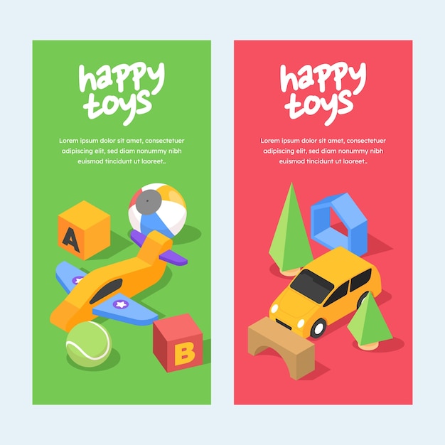 Isometric cartoon cute toys banner set