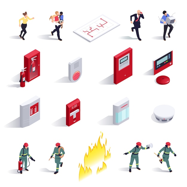 Vector isometric cartoon evacuation icons set