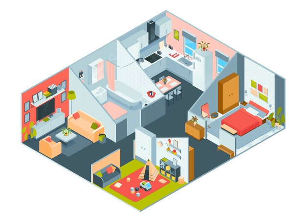 Isometric cartoon houses room composition