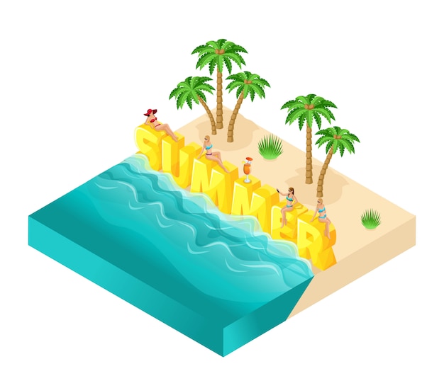 Isometric cartoon people ,  girl in bathing suits, great summer word, beach recreation, sand, palm trees, drinks, sea, sun bright summer illustration