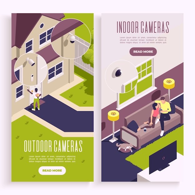 isometric cartoon security camera banner set
