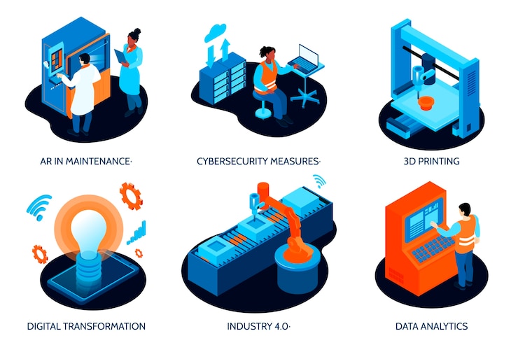 Vector isometric cartoon smart industry mini composition set
