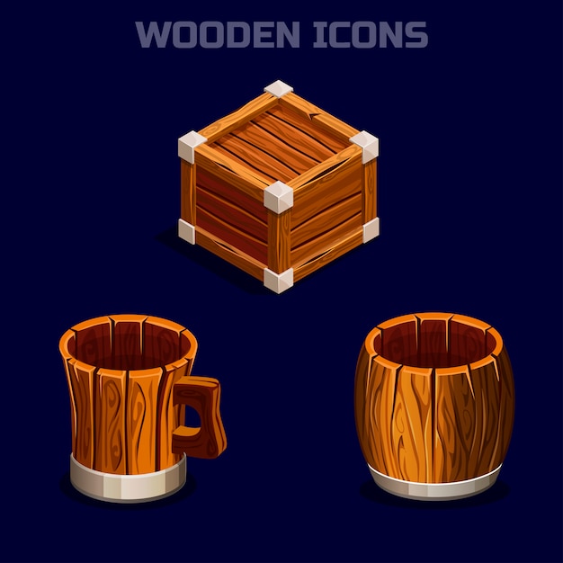 Isometric cartoon wooden icons for game.