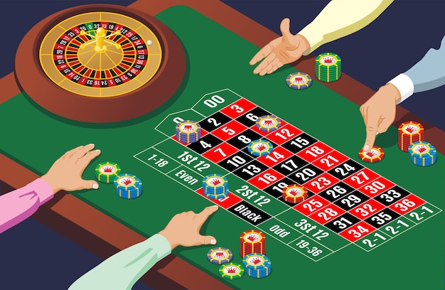 Vettore modello di tabella della roulette del casinò isometrica con le mani di giocare a ruota di persone e fiches colorate
